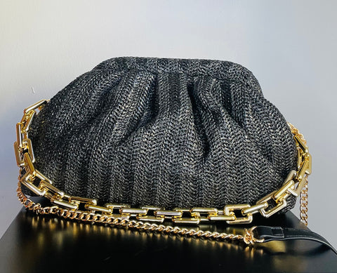 Black Faux Straw Chain Clutch